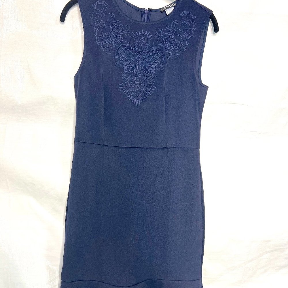 Venus Navy Blue Stretch Ponte Knit Sheath Dress Lace Flounce Hem